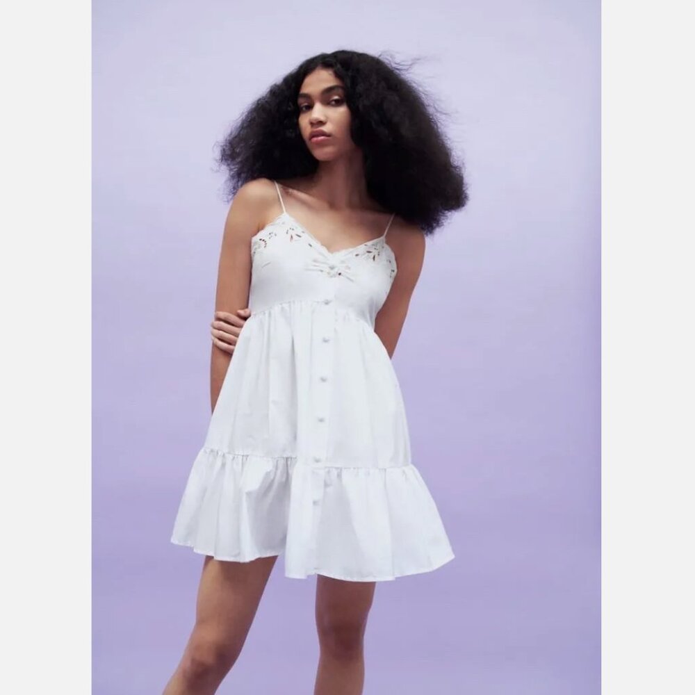 Zara White Poplin Cotton Embroidered Button Front Mini Dress